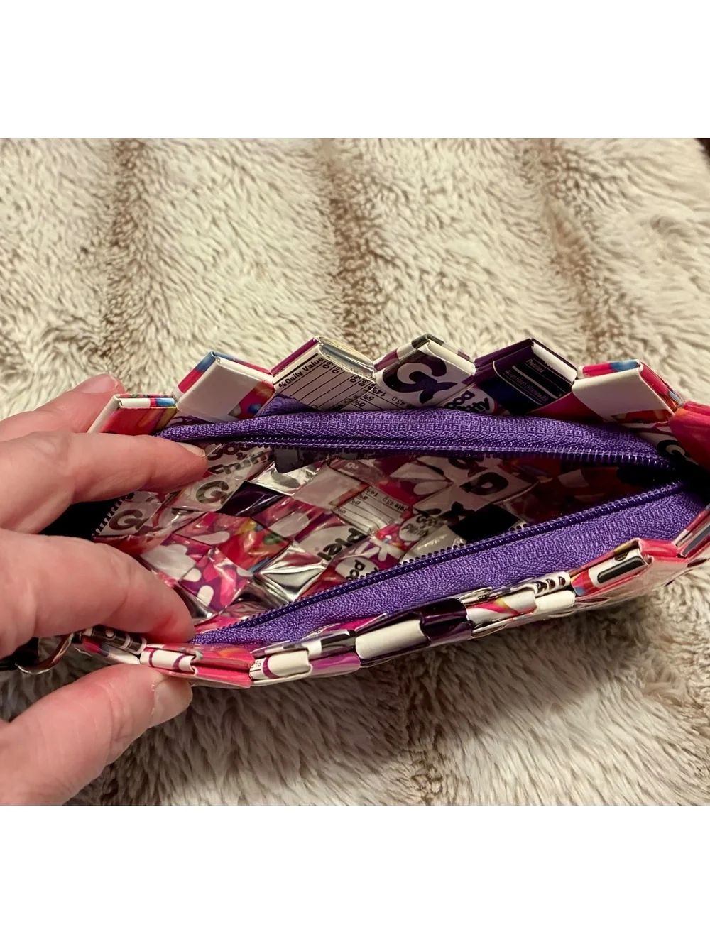 Handmade Good & Plenty Candy Wrapper / Juice Pouch Woven Wristlet Clutch